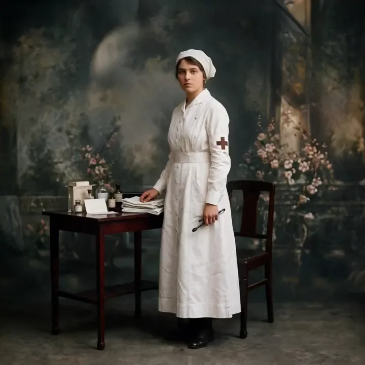 Ożywione zdjęcie: pielęgniarka w białym fartuchu w atelier fotograficznym