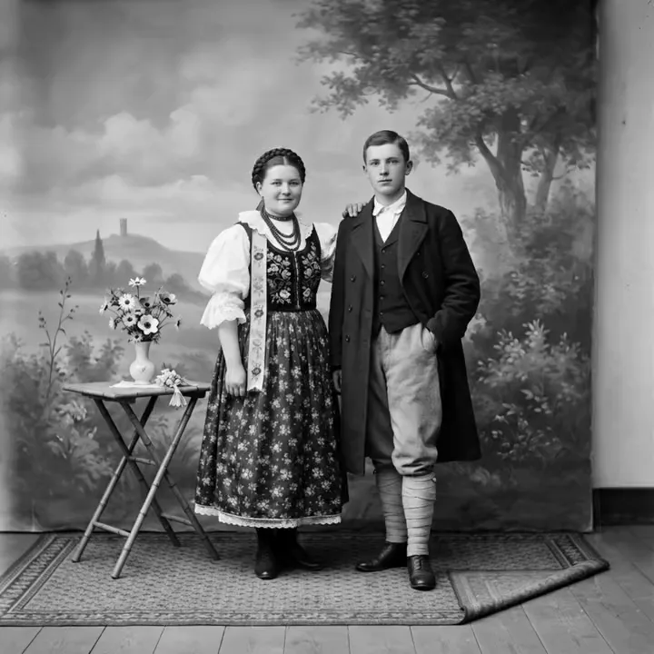 Ożywione zdjęcie: para w strojach ludowych w atelier fotograficznym