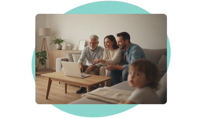 Rodzina ogląda zdjęcia na laptopie